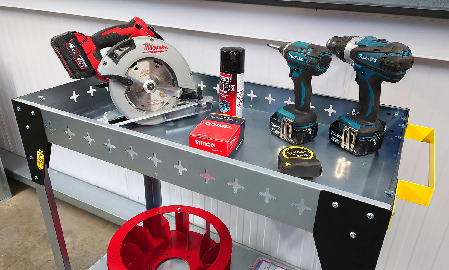 Makita & Milwaukee products on the table top of the Nukeson Portable Workbench and Industrial Trolley